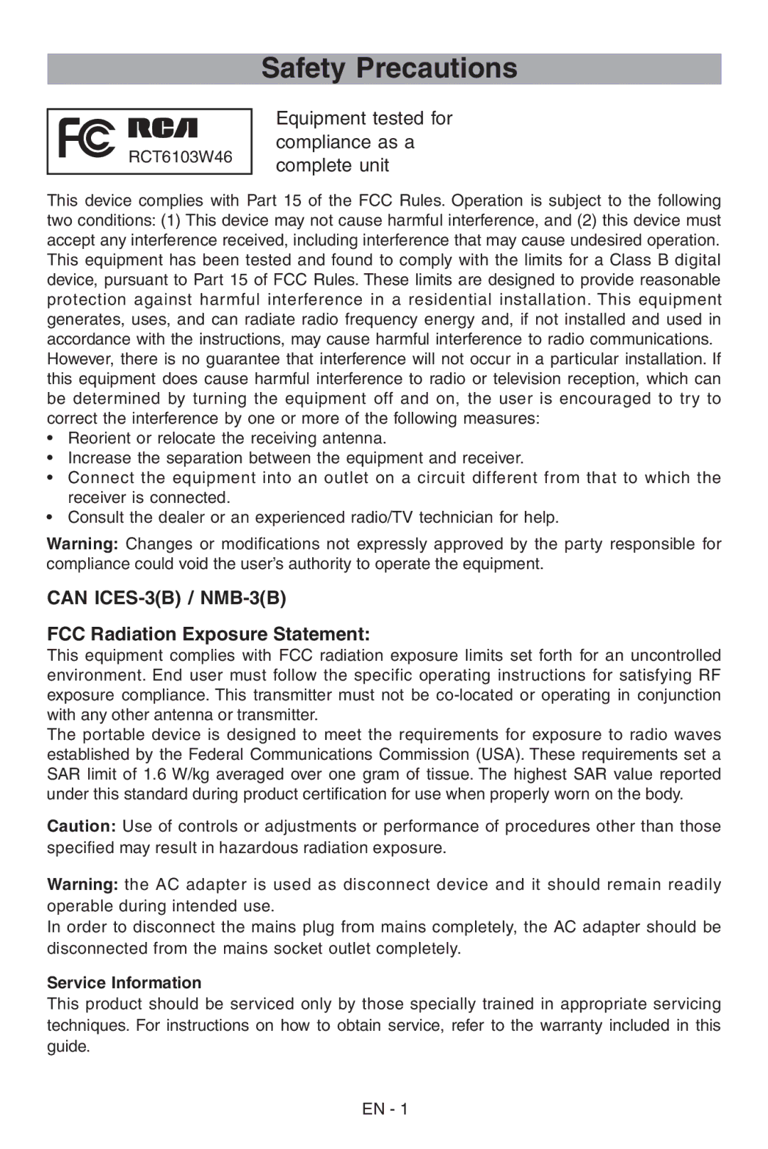 RCA RCT6103W46 user manual Safety Precautions, Can ICES-3B / NMB-3B FCC Radiation Exposure Statement, Service Information 