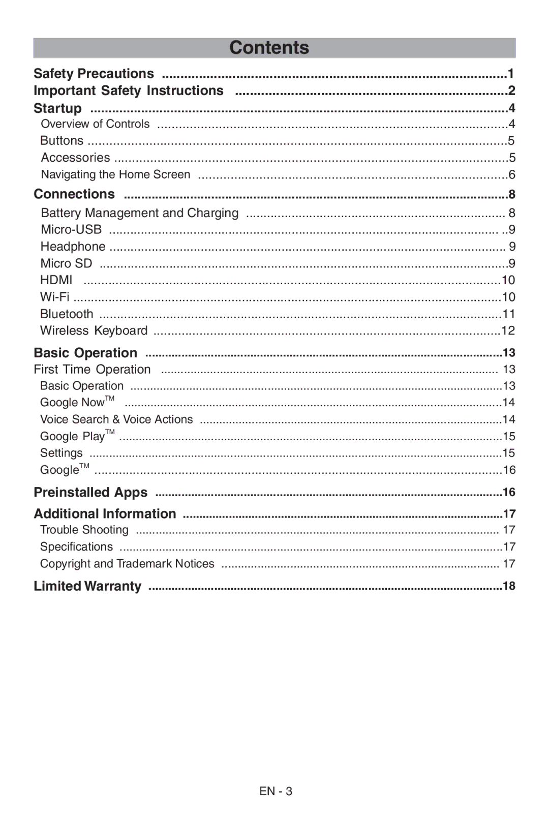 RCA RCT6103W46 user manual Contents 