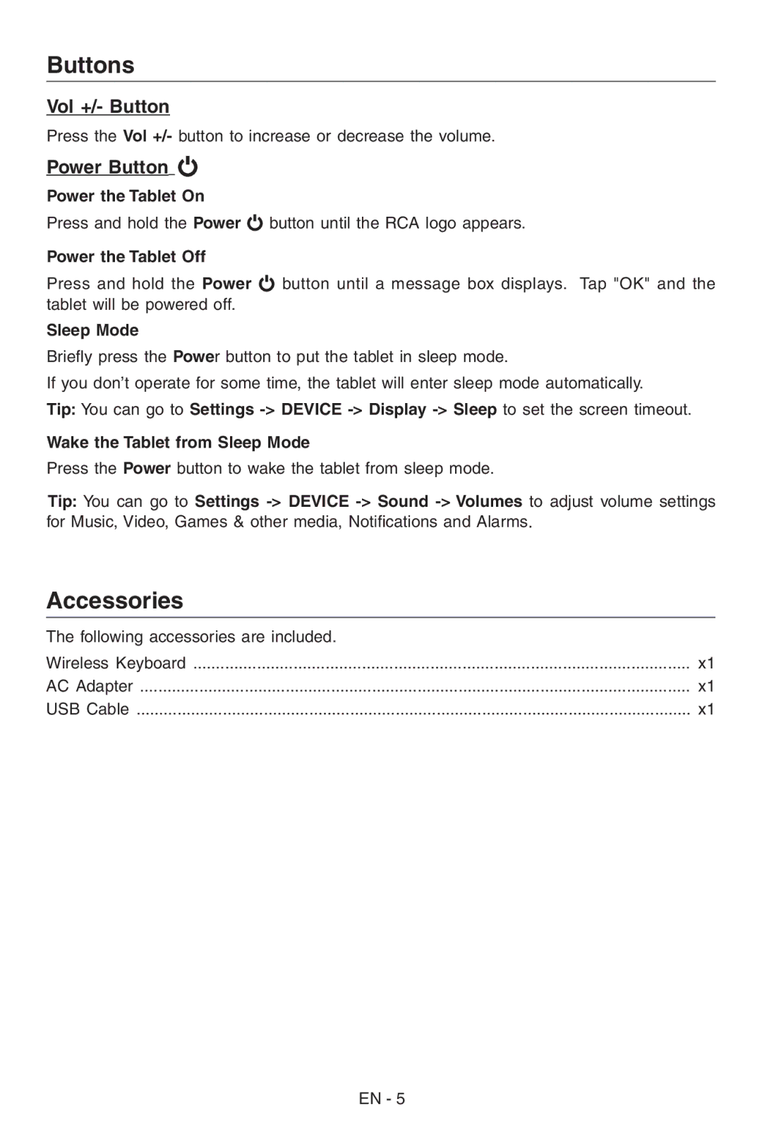 RCA RCT6103W46 user manual Buttons, Accessories, Vol +/- Button, Power Button 