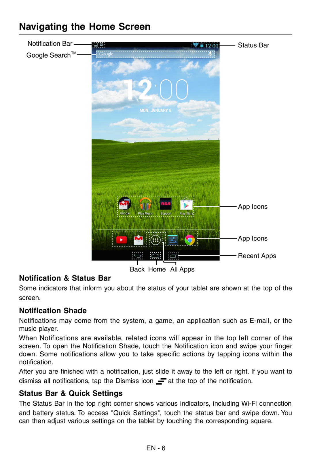 RCA RCT6103W46 Navigating the Home Screen, Notification & Status Bar, Notification Shade, Status Bar & Quick Settings 