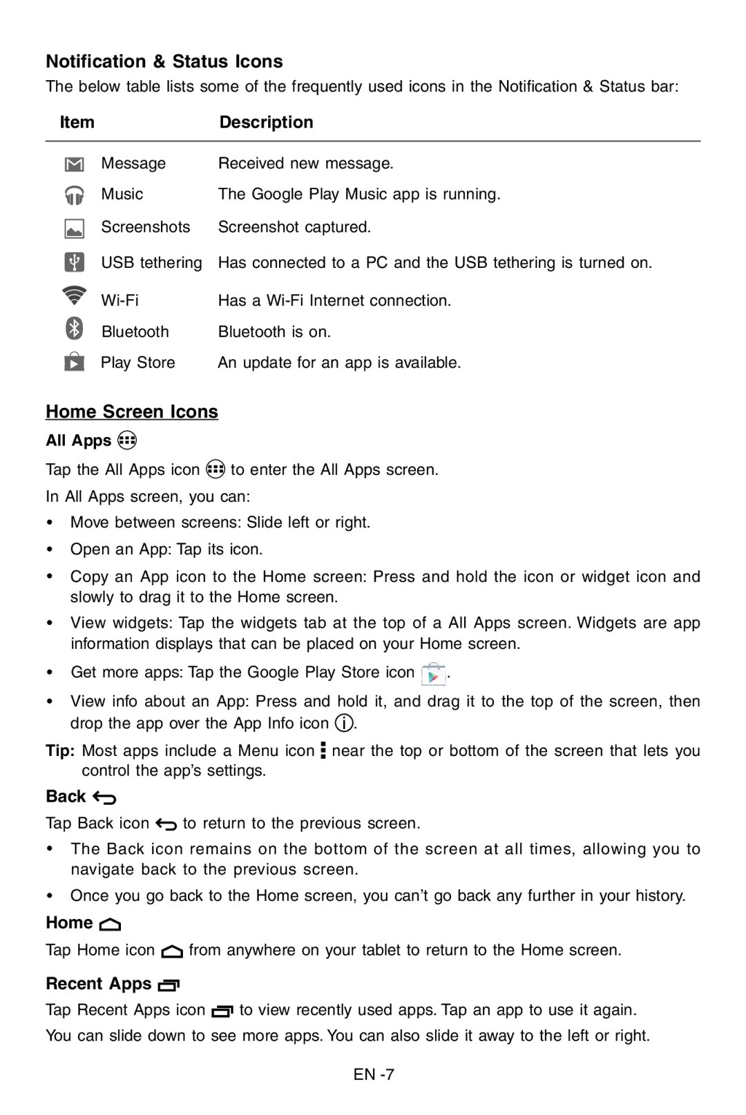 RCA RCT6103W46 user manual Notification & Status Icons, Home Screen Icons, Back, Recent Apps 