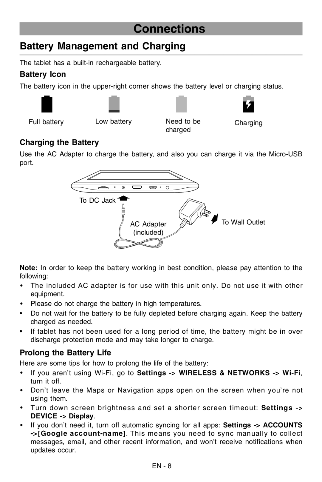 RCA RCT6103W46 Connections, Battery Management and Charging, Battery Icon, Charging the Battery, Prolong the Battery Life 