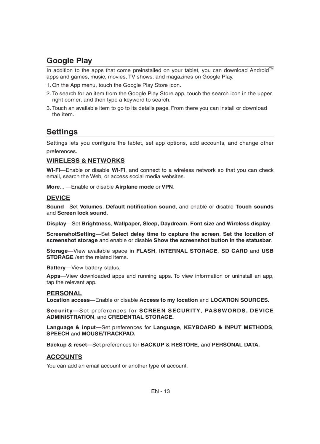 RCA RCT6272W23 user manual Google Play, Settings 