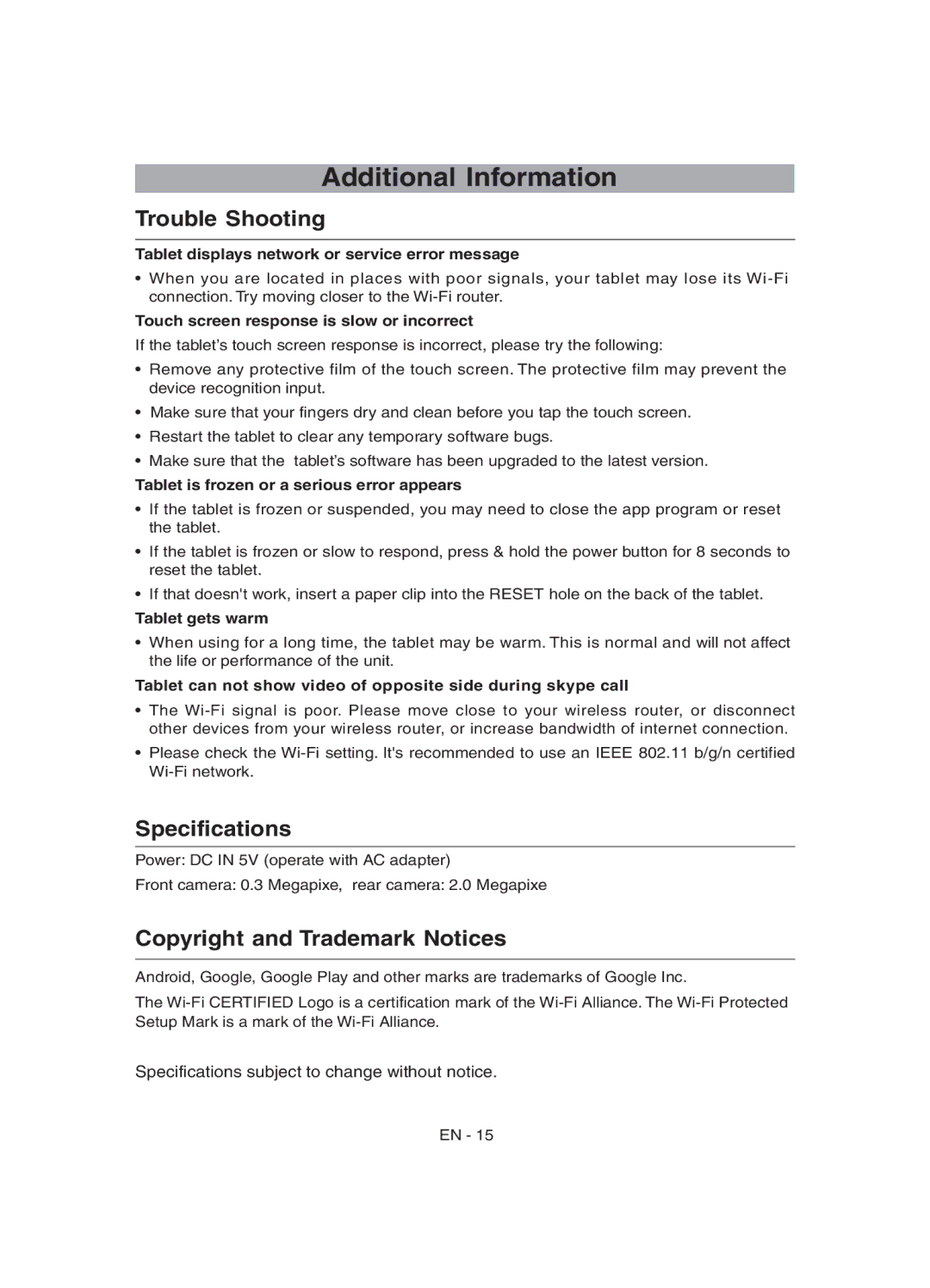 RCA RCT6272W23 user manual Additional Information, Trouble Shooting, Specifications, Copyright and Trademark Notices 