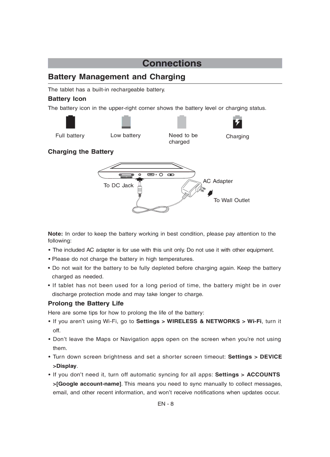 RCA RCT6272W23 Connections, Battery Management and Charging, Battery Icon, Charging the Battery, Prolong the Battery Life 