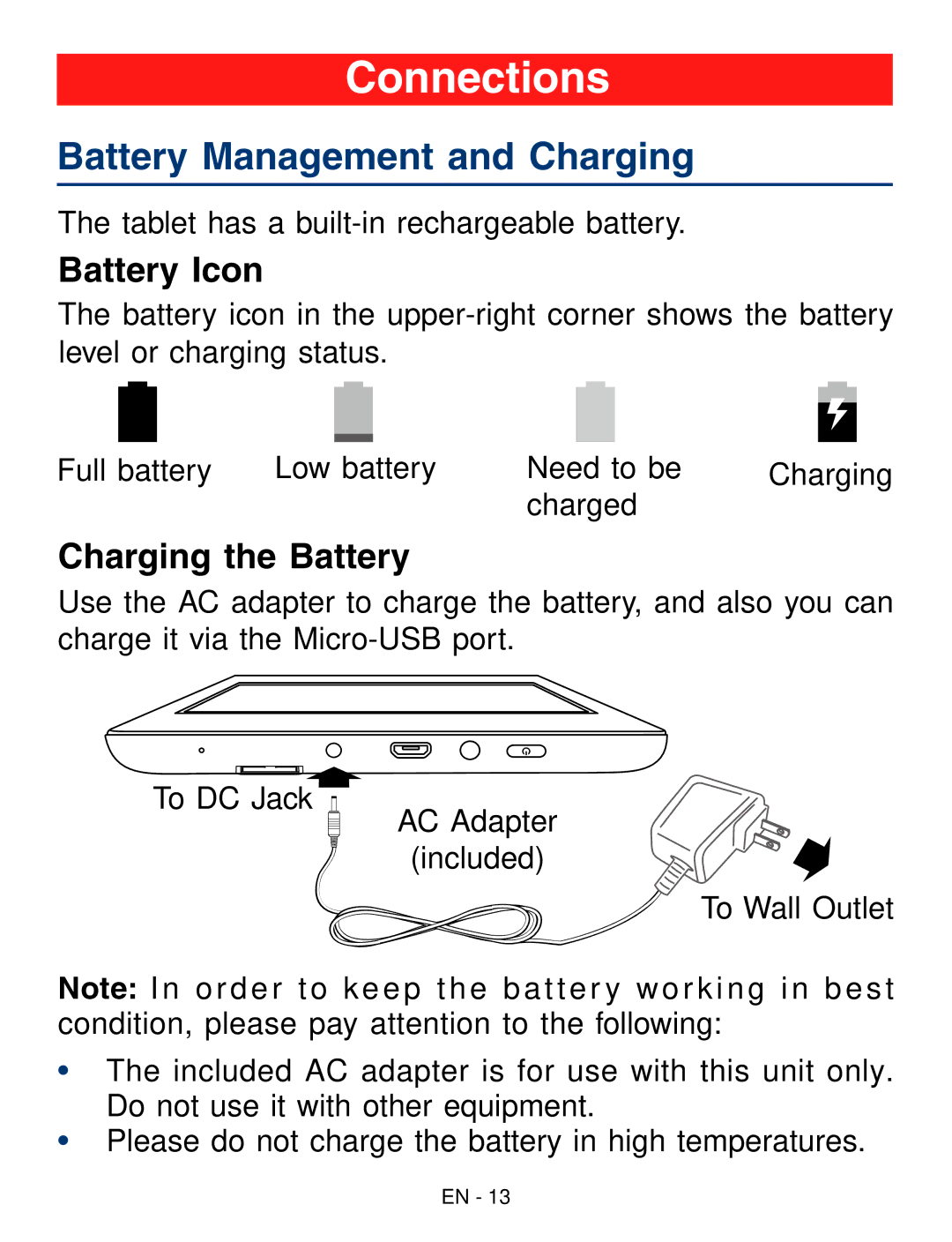 RCA RCT6293W23 user manual Connections, Battery Management and Charging, Battery Icon, Charging the Battery 