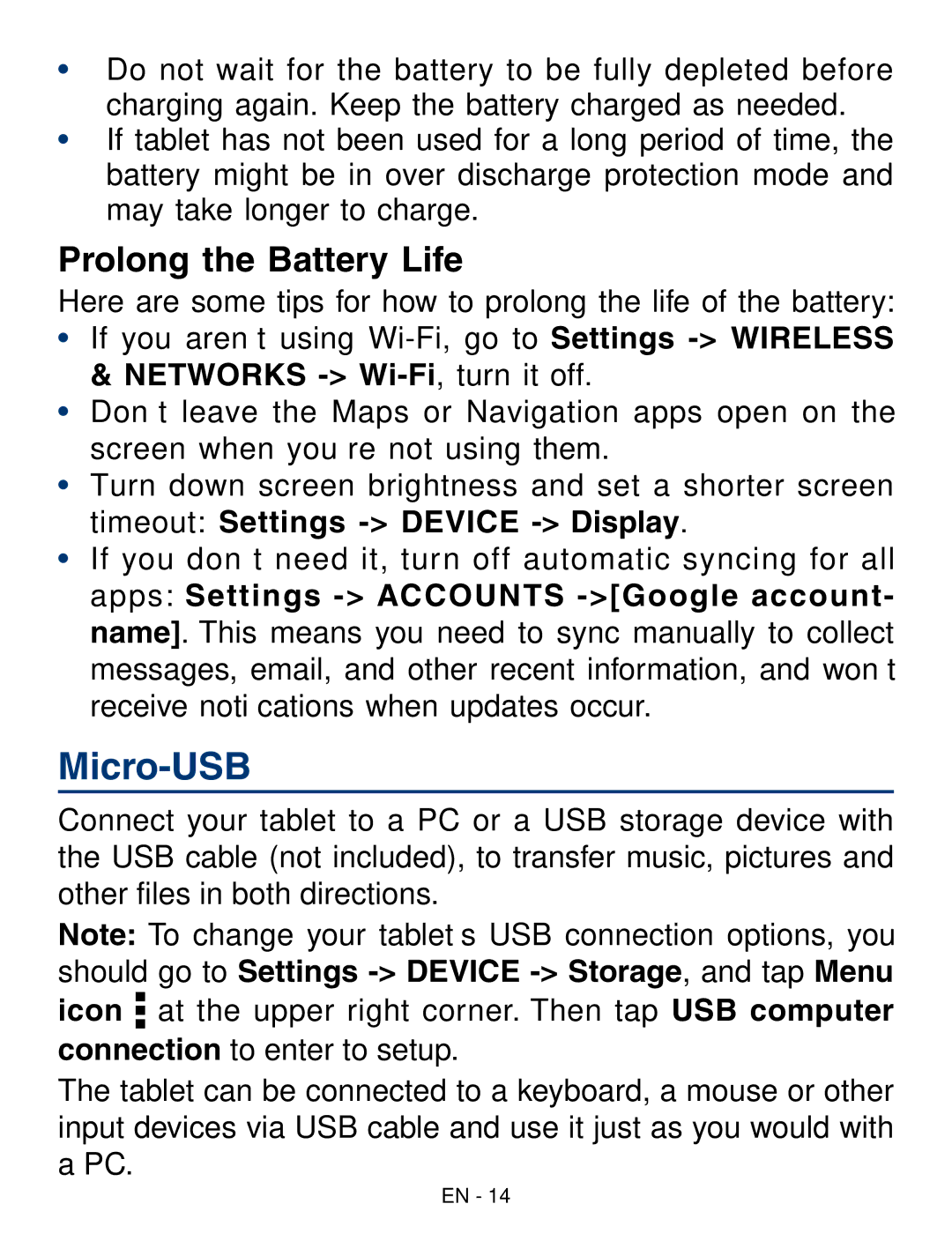 RCA RCT6293W23 user manual Micro-USB, Prolong the Battery Life 