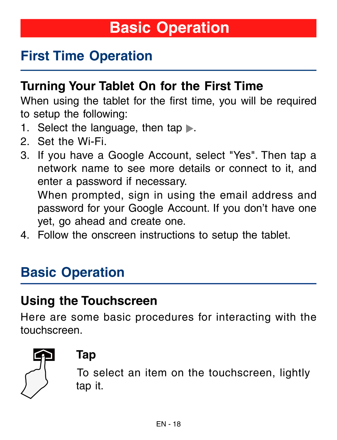 RCA RCT6293W23 Basic Operation, First Time Operation, Turning Your Tablet On for the First Time, Using the Touchscreen 