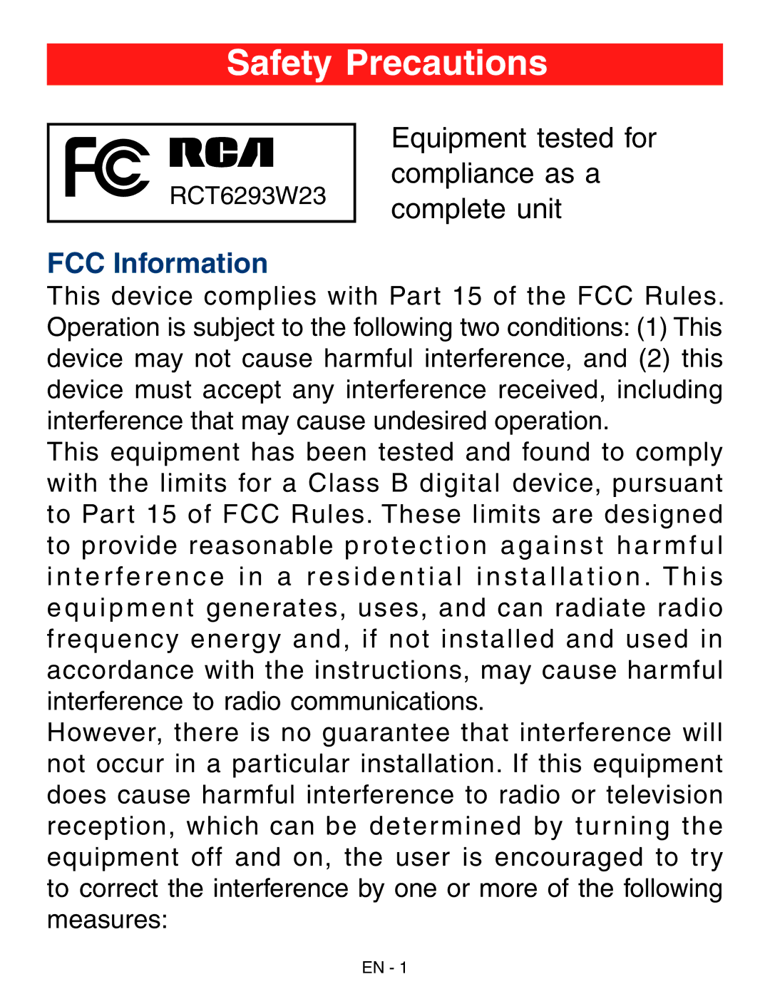 RCA RCT6293W23 user manual Safety Precautions, FCC Information 