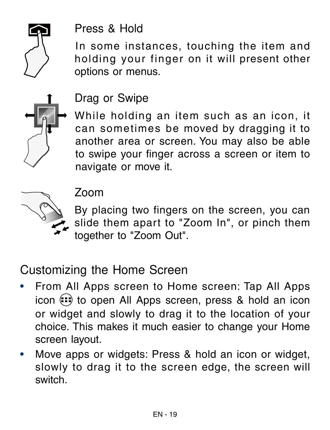 RCA RCT6293W23 user manual Customizing the Home Screen, Press & Hold 