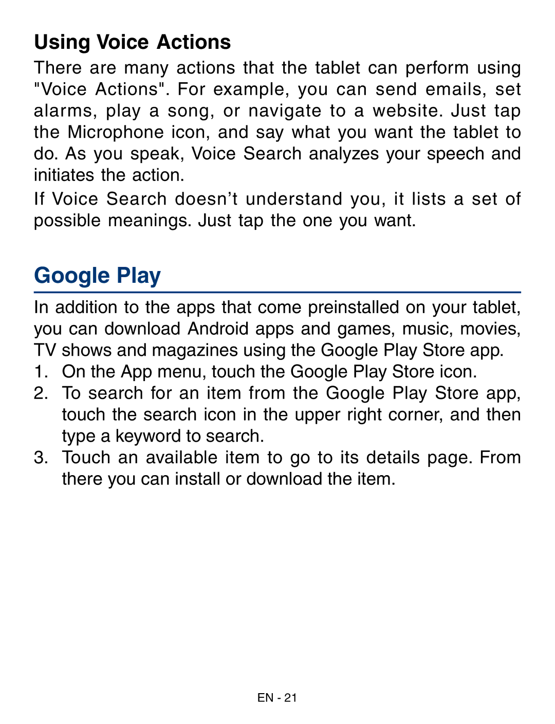 RCA RCT6293W23 user manual Google Play, Using Voice Actions 