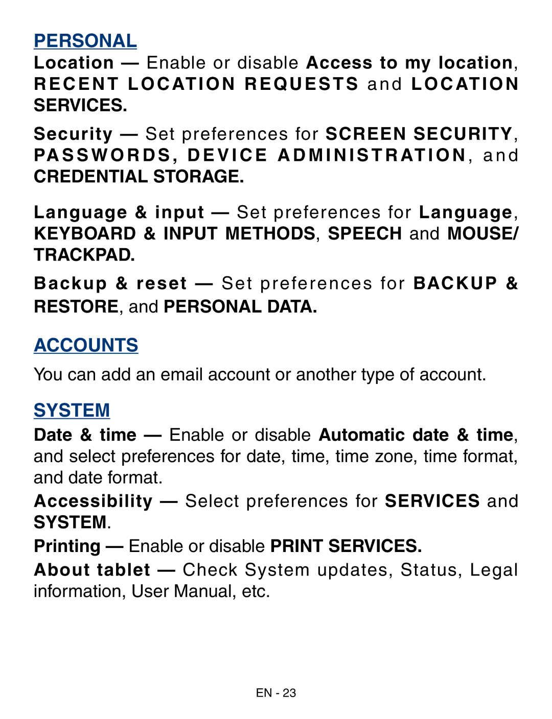 RCA RCT6293W23 user manual Personal, Printing Enable or disable Print Services 