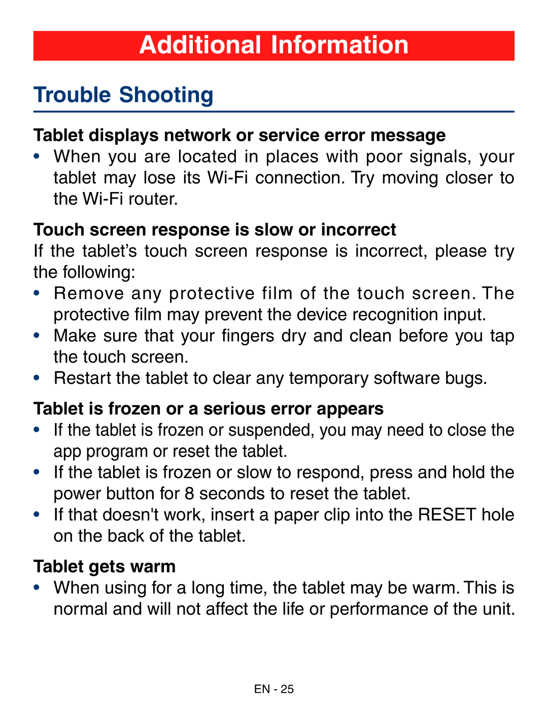 RCA RCT6293W23 user manual Additional Information, Trouble Shooting 