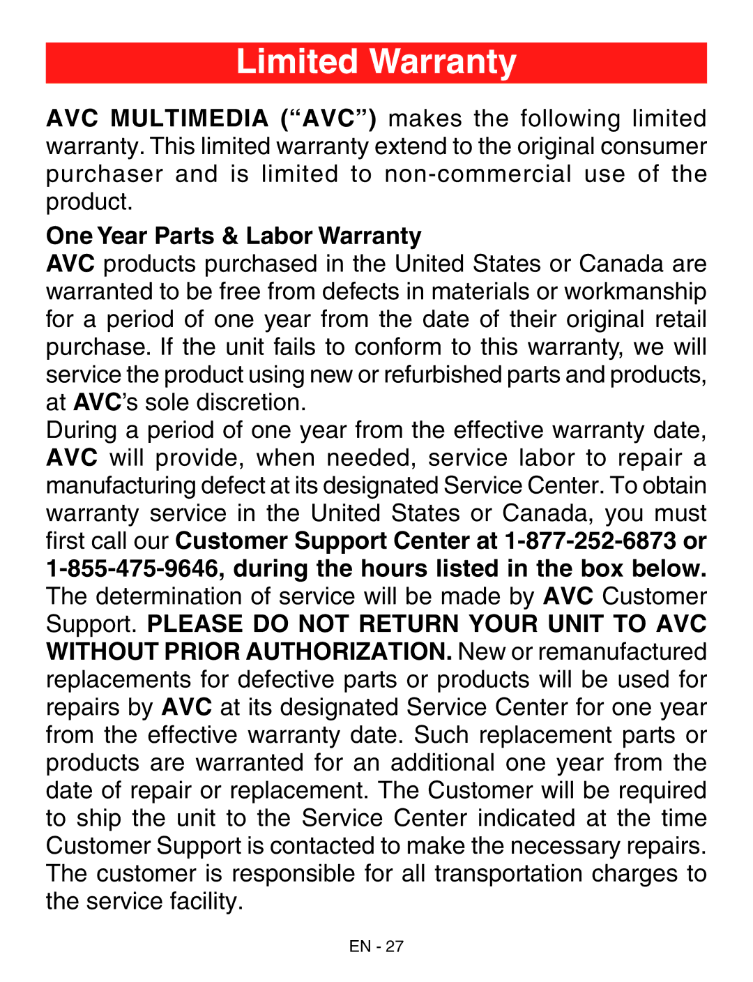 RCA RCT6293W23 user manual Limited Warranty, One Year Parts & Labor Warranty 