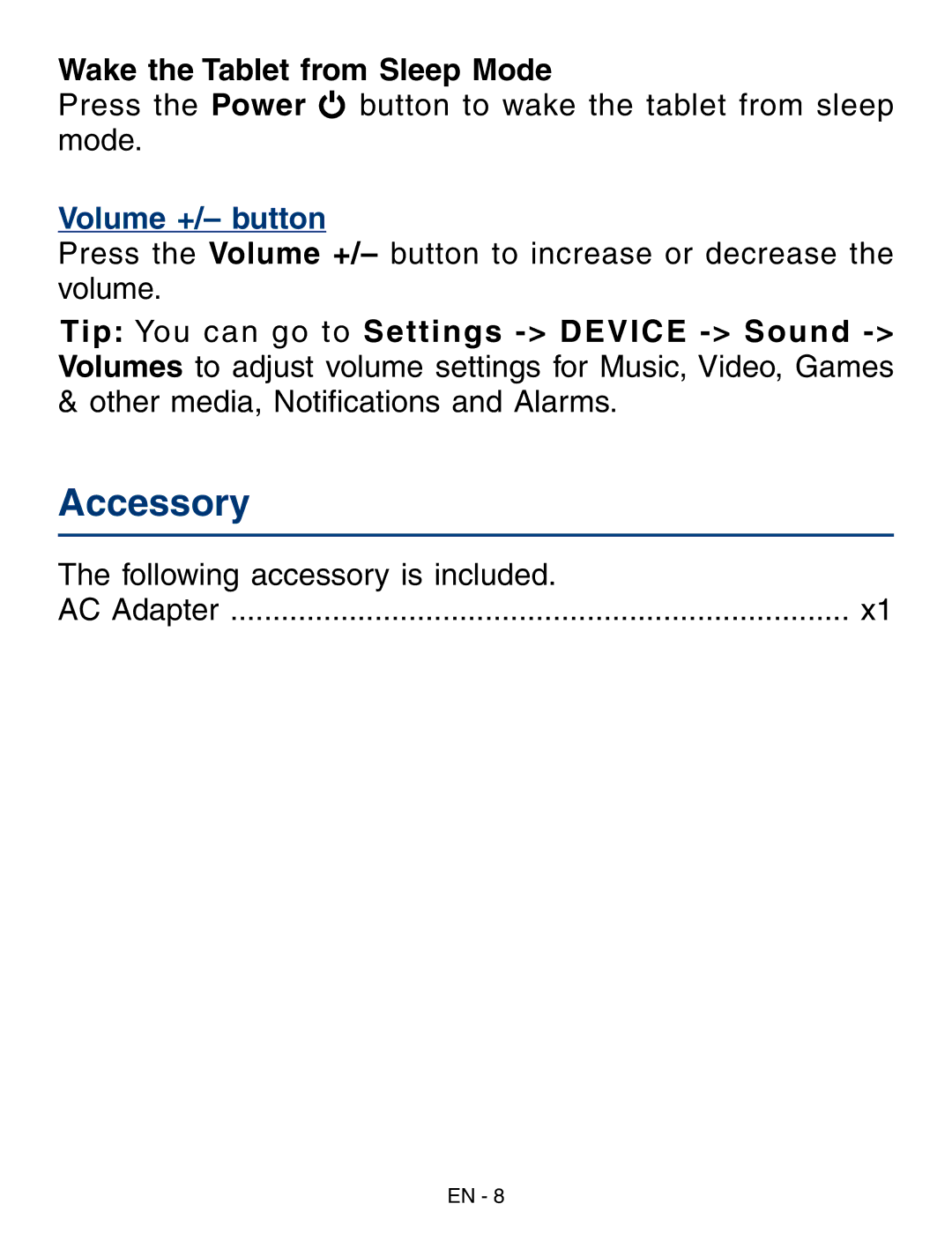 RCA RCT6293W23 user manual Accessory, Wake the Tablet from Sleep Mode 