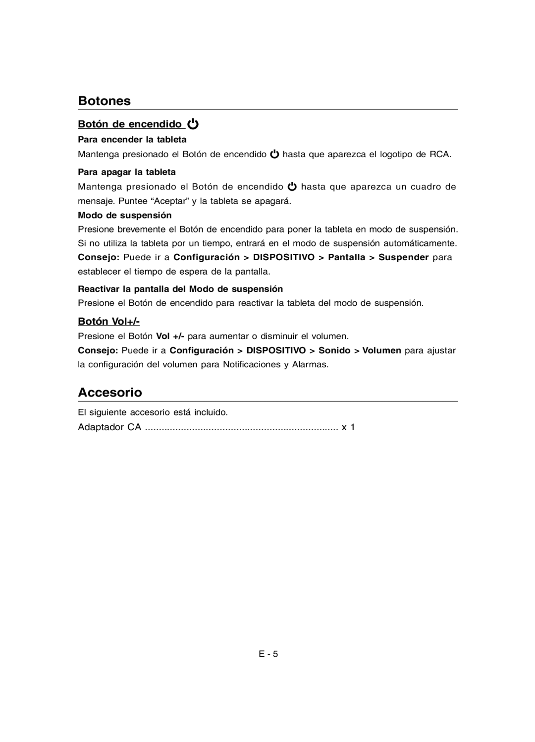 RCA RCT6378W2 user manual Botones, Accesorio, Botón de encendido, Botón Vol+ 