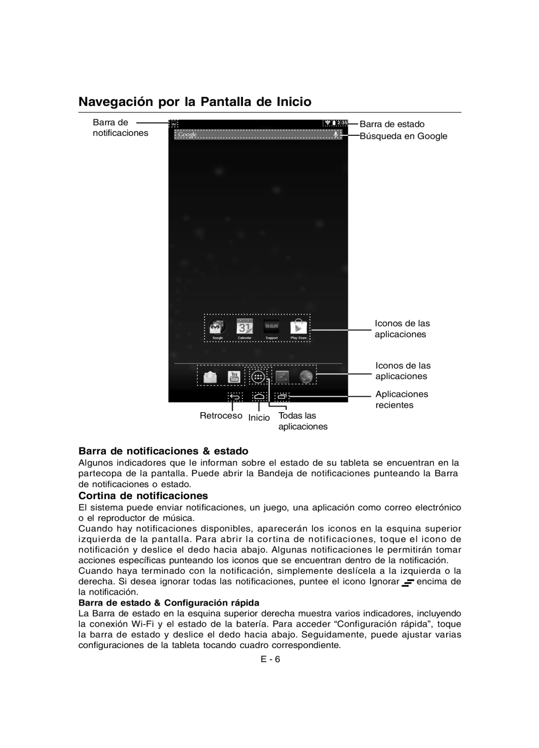 RCA RCT6378W2 user manual Navegación por la Pantalla de Inicio, Barra de notiﬁcaciones & estado, Cortina de notiﬁcaciones 