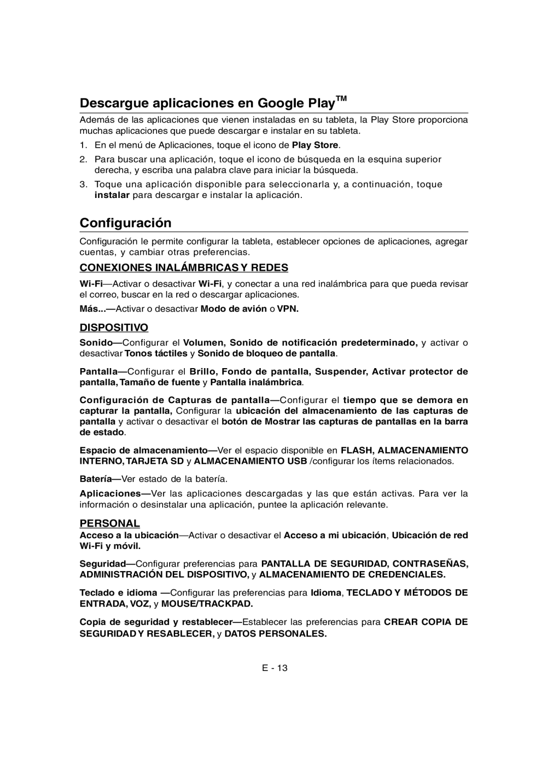 RCA RCT6378W2 Descargue aplicaciones en Google PlayTM, Conﬁguración, Conexiones Inalámbricas Y Redes, Dispositivo 