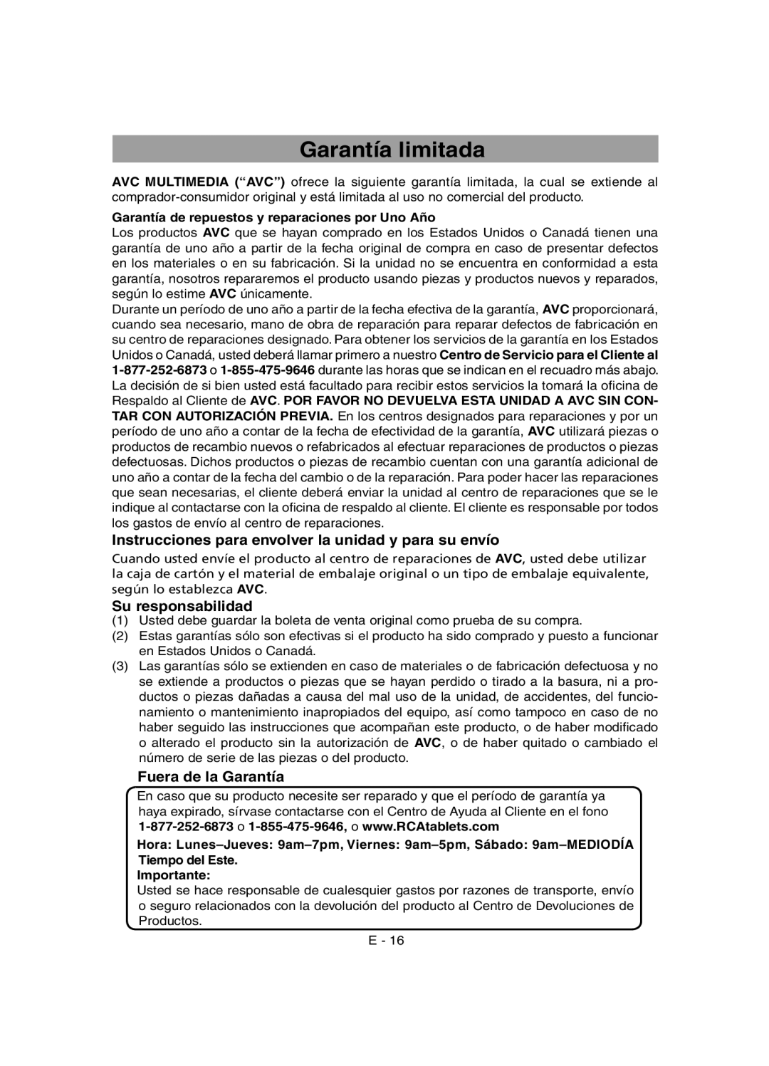 RCA RCT6378W2 user manual Garantía limitada, Instrucciones para envolver la unidad y para su envío, Su responsabilidad 