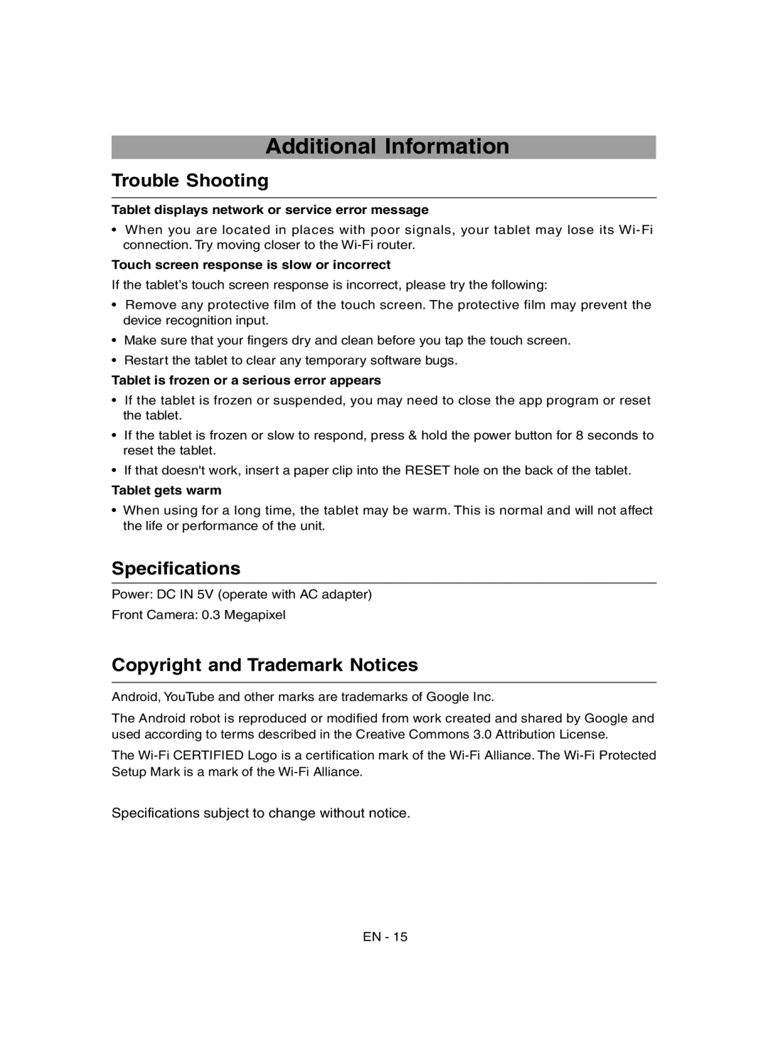 RCA RCT6691W3 user manual Additional Information, Trouble Shooting, Specifications, Copyright and Trademark Notices 