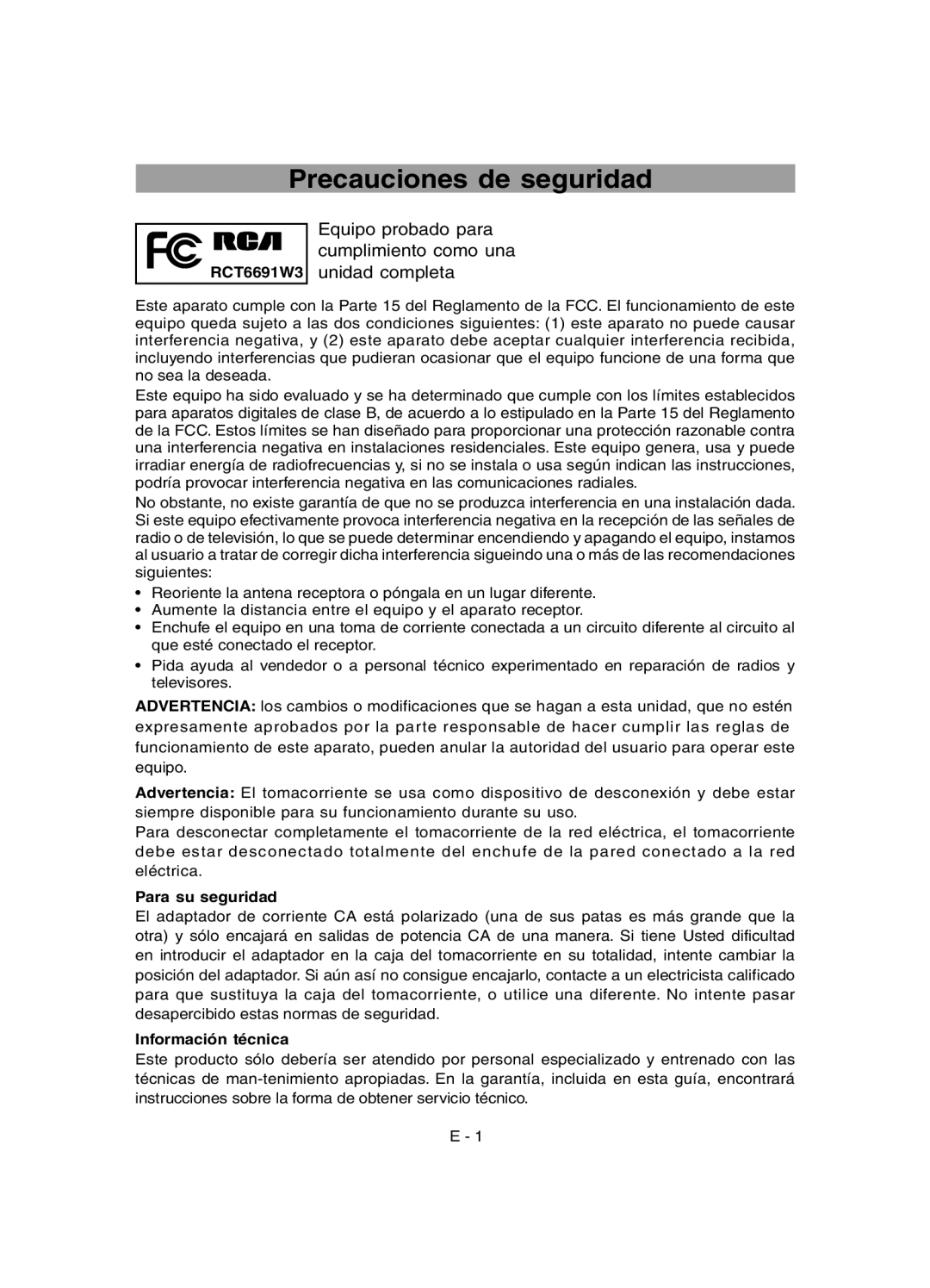 RCA RCT6691W3 user manual Precauciones de seguridad, Para su seguridad, Información técnica 