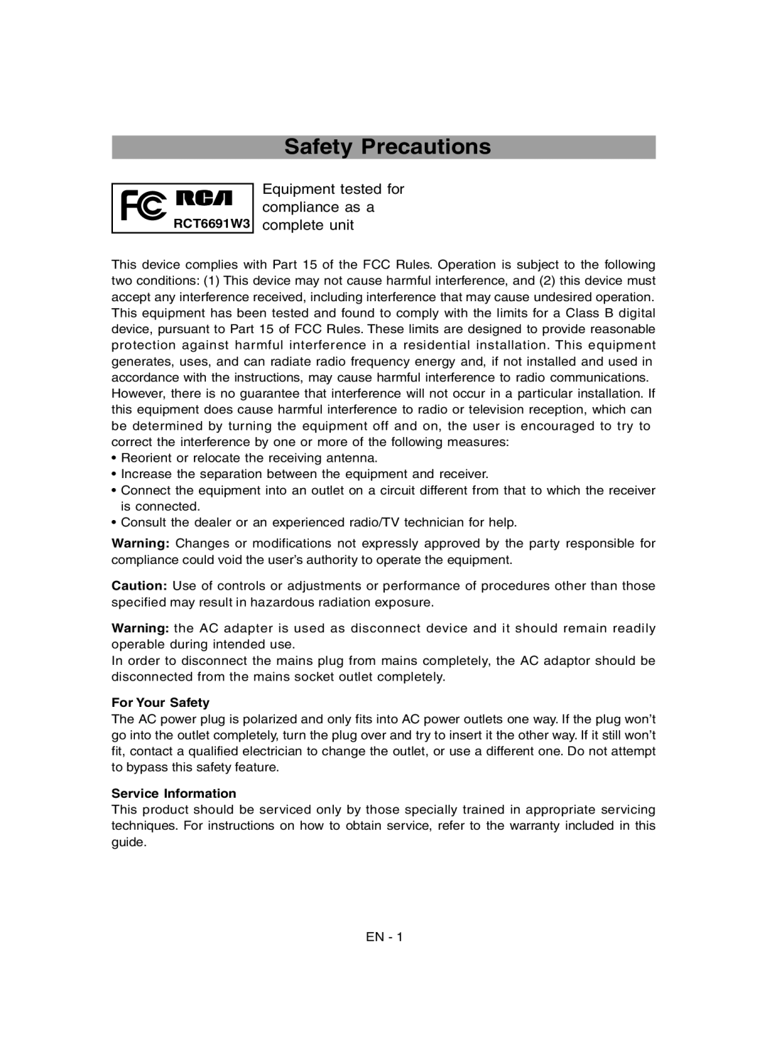 RCA RCT6691W3 user manual Safety Precautions, For Your Safety, Service Information 