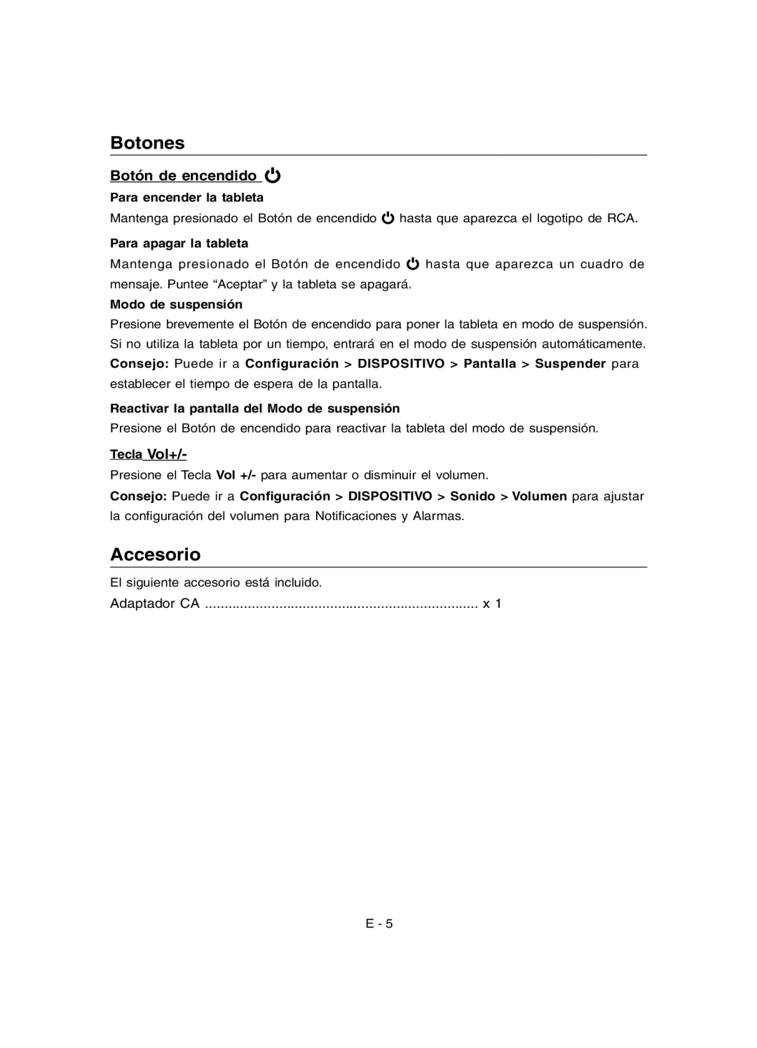 RCA RCT6691W3 user manual Botones, Accesorio, Botón de encendido 