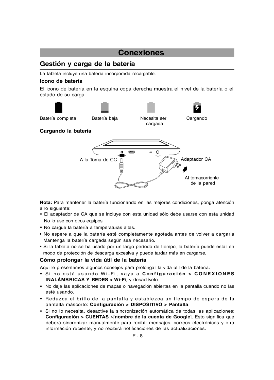 RCA RCT6691W3 user manual Conexiones, Gestión y carga de la batería, Icono de batería, Cargando la batería 