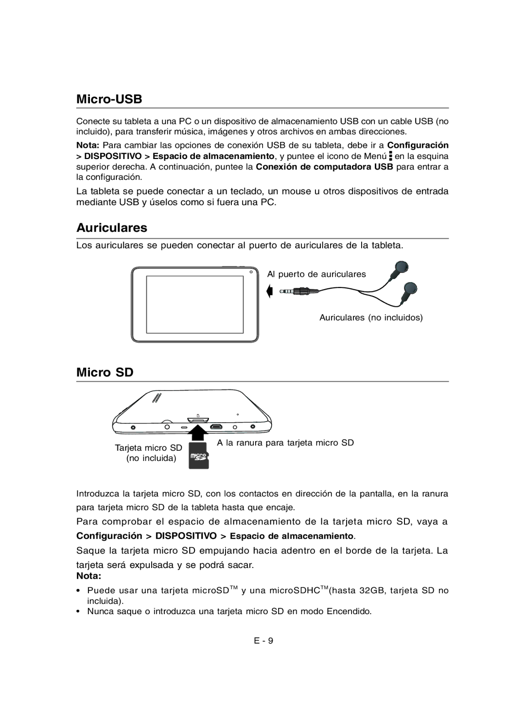 RCA RCT6691W3 user manual Auriculares, Conﬁguración Dispositivo Espacio de almacenamiento, Nota 