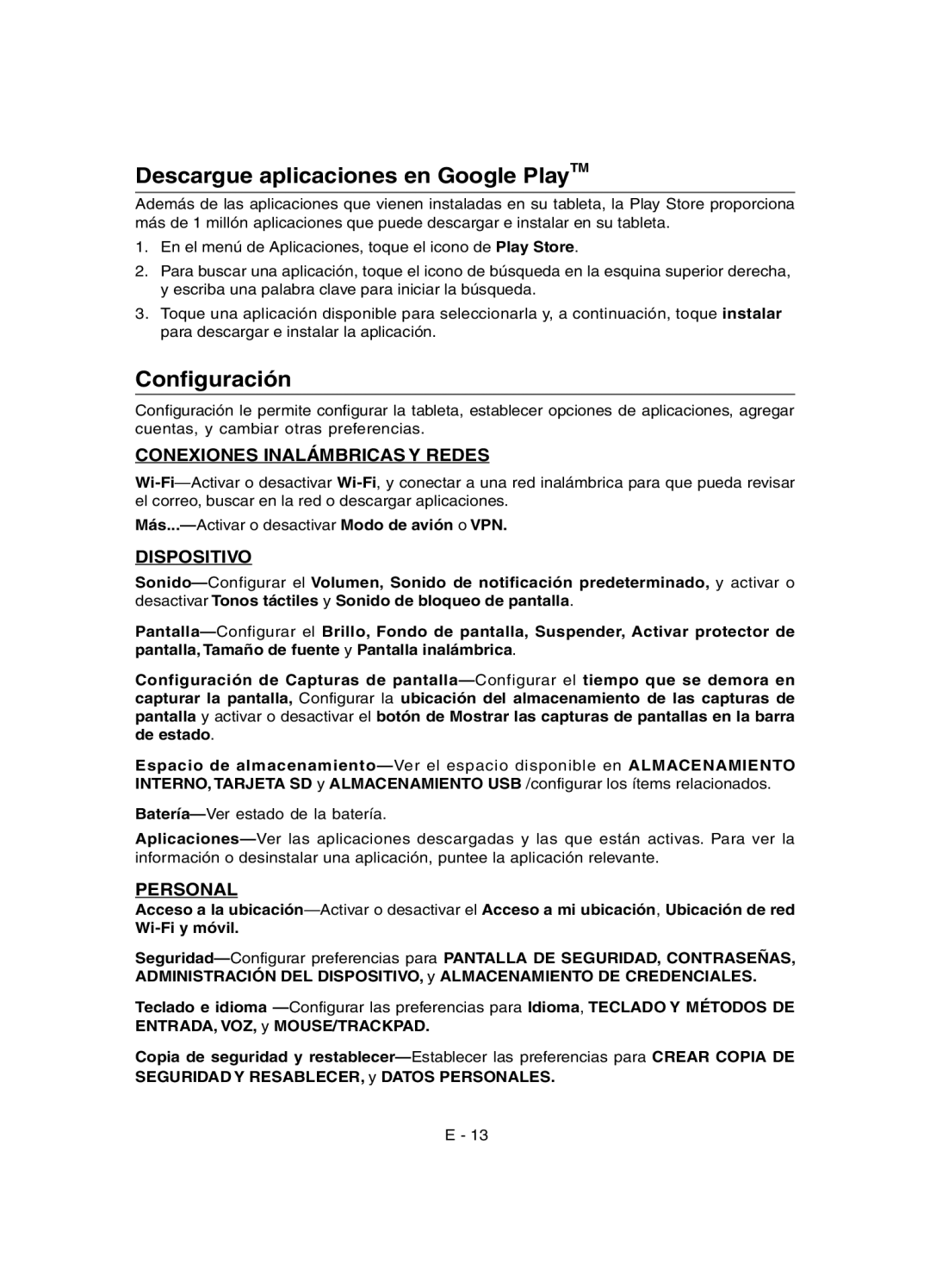 RCA RCT6691W3 Descargue aplicaciones en Google PlayTM, Conﬁguración, Conexiones Inalámbricas Y Redes, Dispositivo 