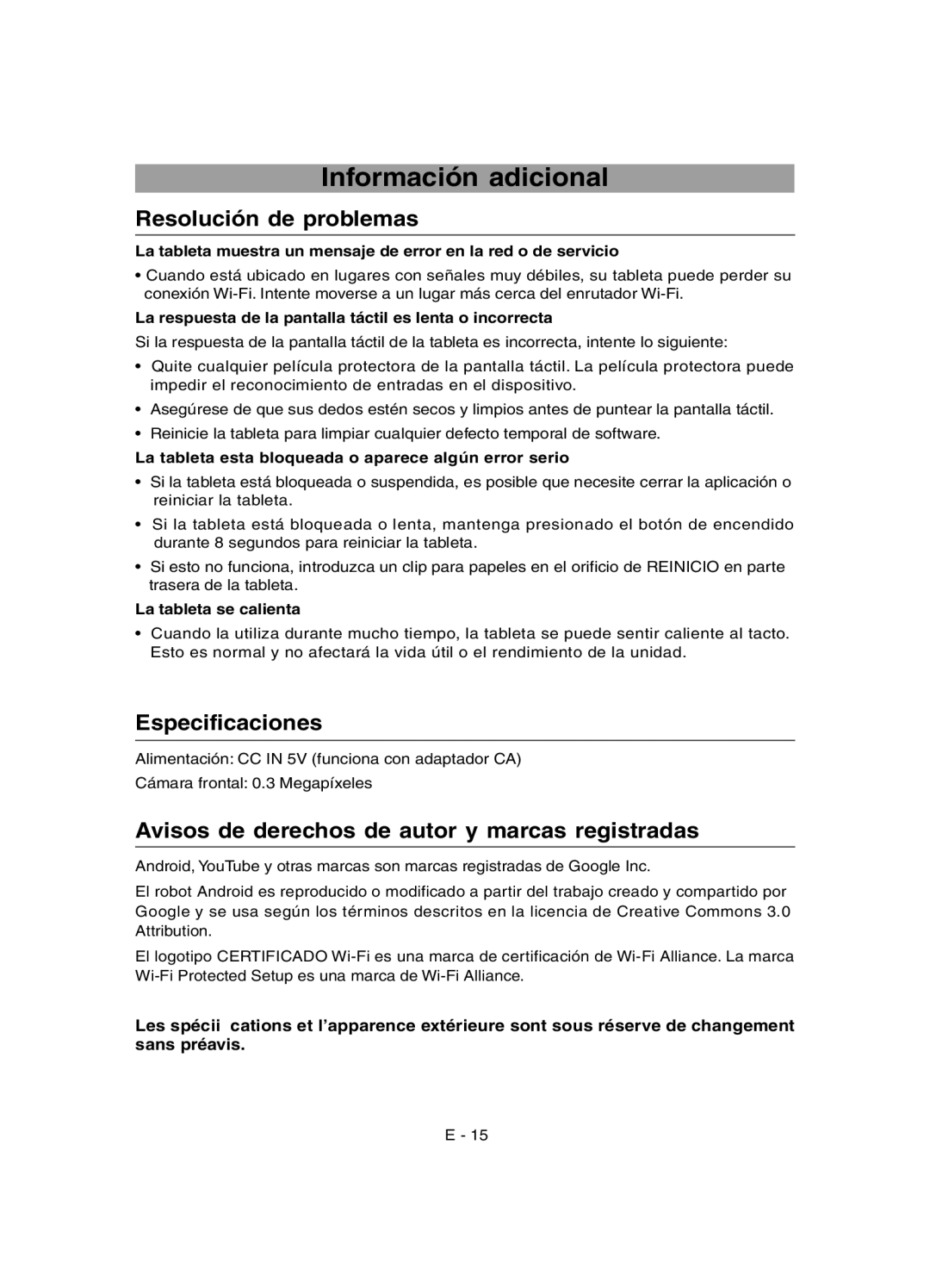 RCA RCT6691W3 user manual Información adicional, Resolución de problemas, Especificaciones 