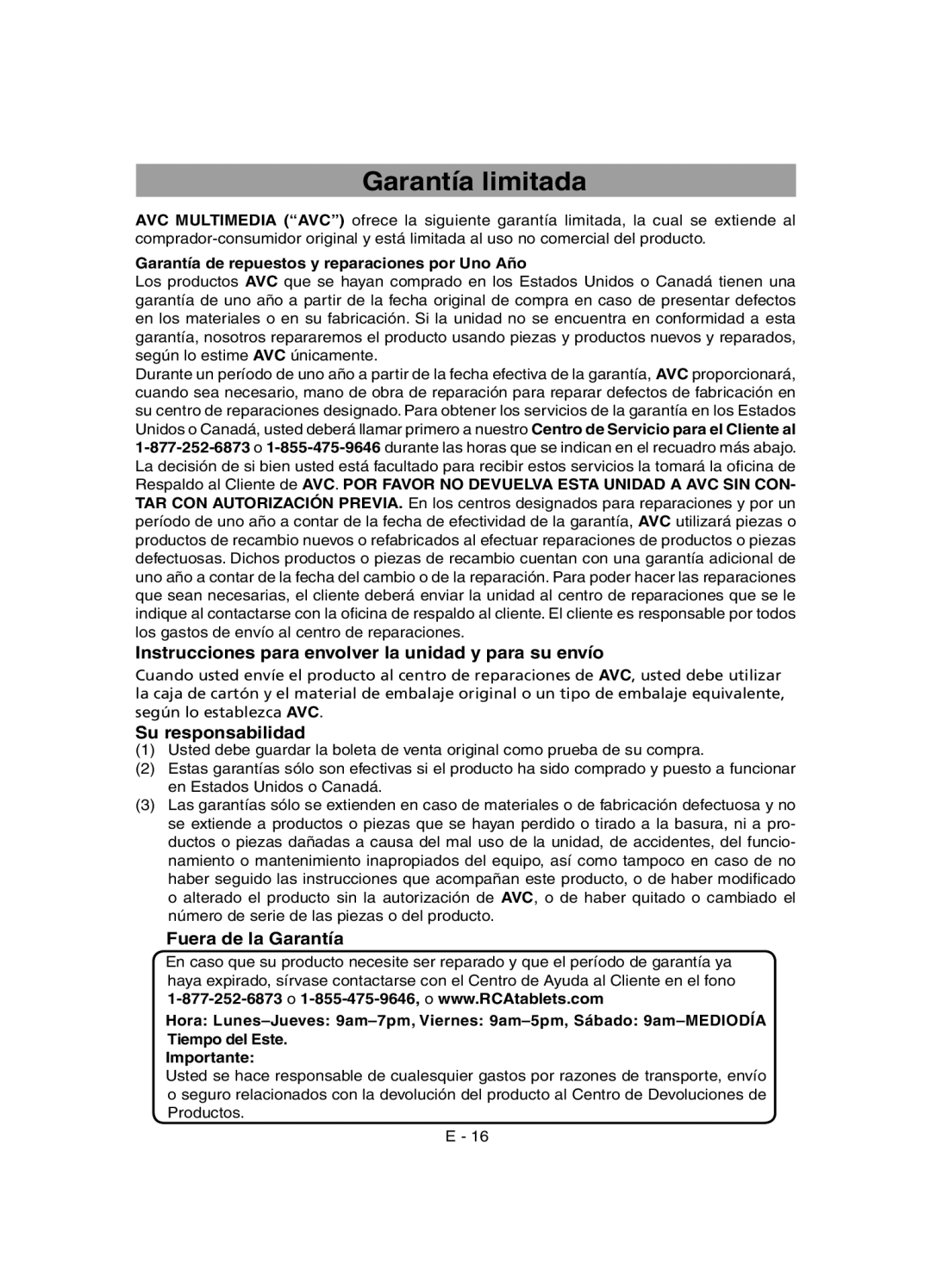 RCA RCT6691W3 user manual Garantía limitada, Instrucciones para envolver la unidad y para su envío, Su responsabilidad 