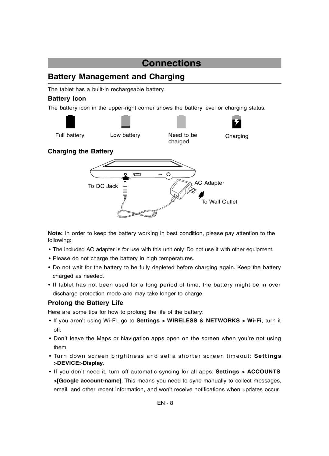 RCA RCT6691W3 Connections, Battery Management and Charging, Battery Icon, Charging the Battery, Prolong the Battery Life 