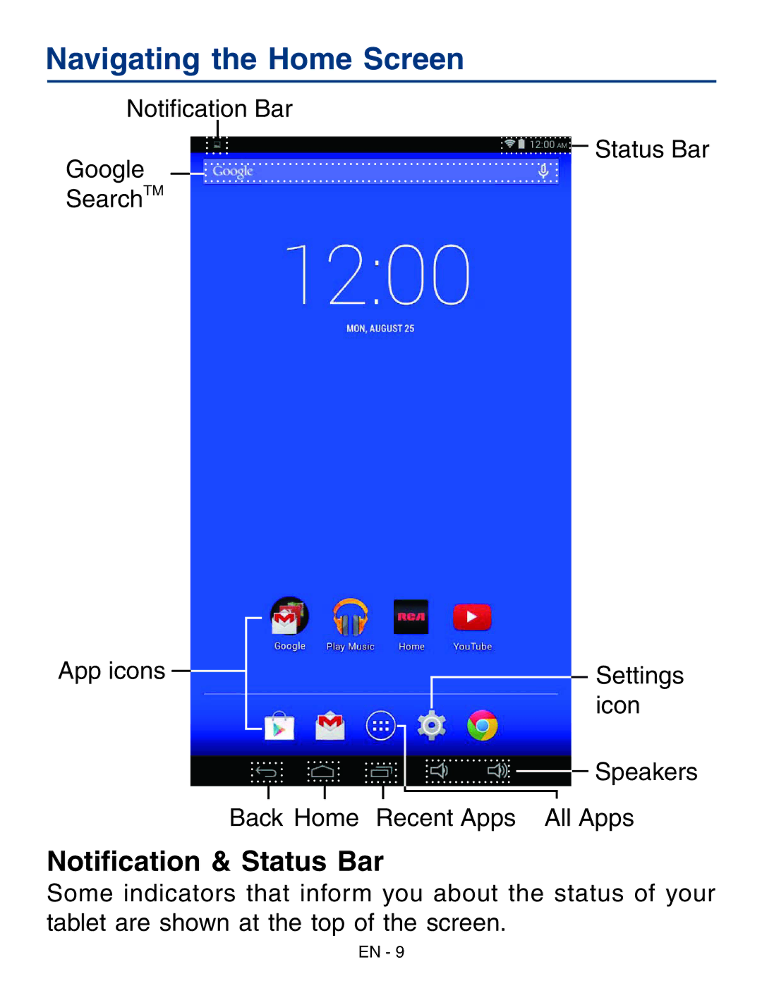 RCA RCT6773W22 user manual Navigating the Home Screen, Notification & Status Bar 