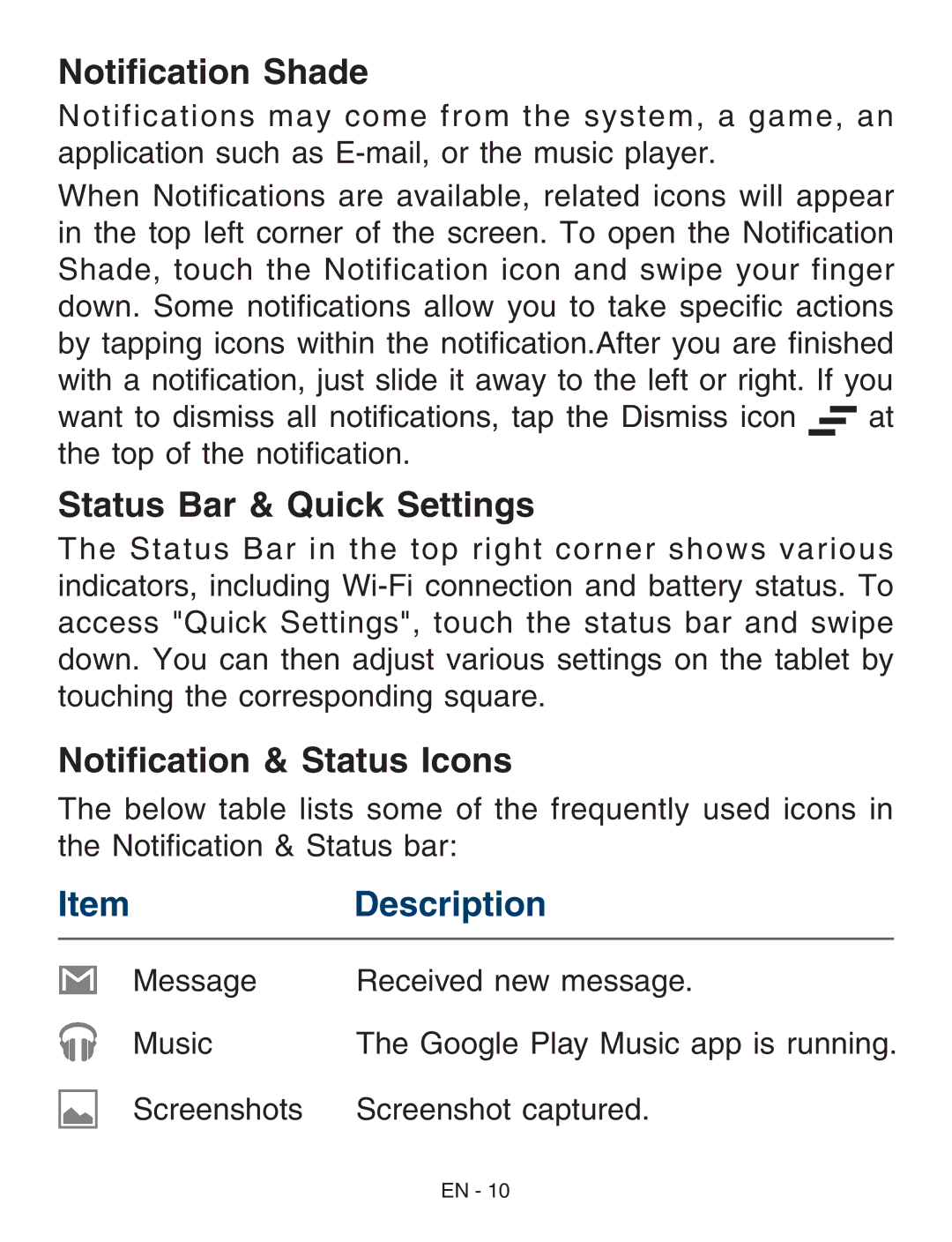 RCA RCT6773W22 user manual Notification Shade, Status Bar & Quick Settings, Notification & Status Icons 