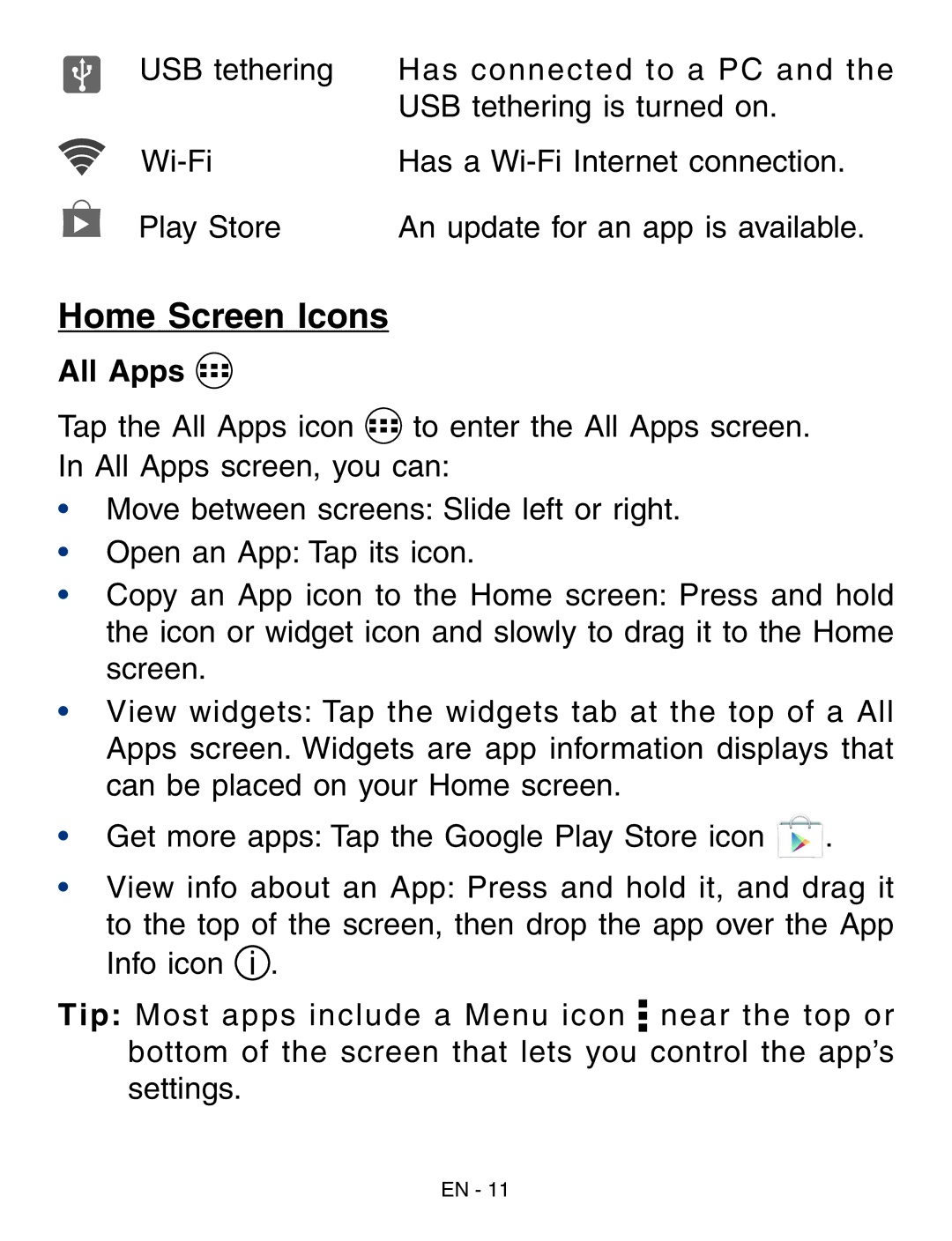 RCA RCT6773W22 user manual Home Screen Icons, All Apps 