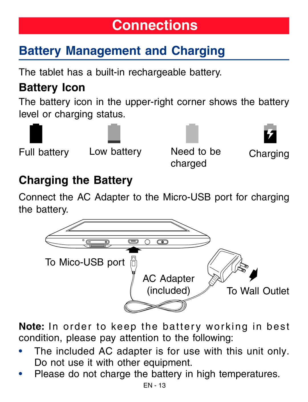 RCA RCT6773W22 user manual Connections, Battery Management and Charging, Battery Icon, Charging the Battery 