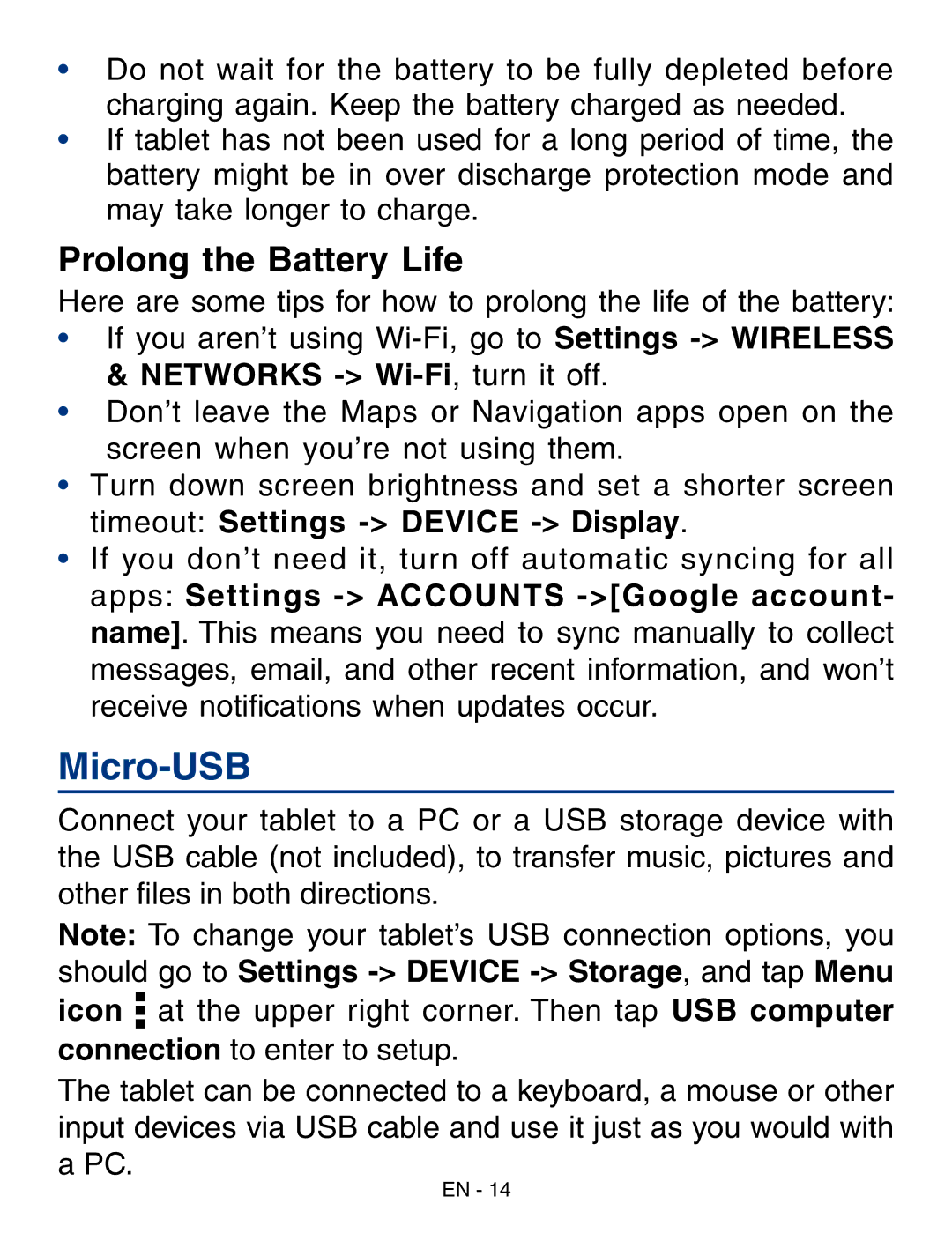 RCA RCT6773W22 user manual Micro-USB, Prolong the Battery Life, Networks Wi-Fi, turn it off 