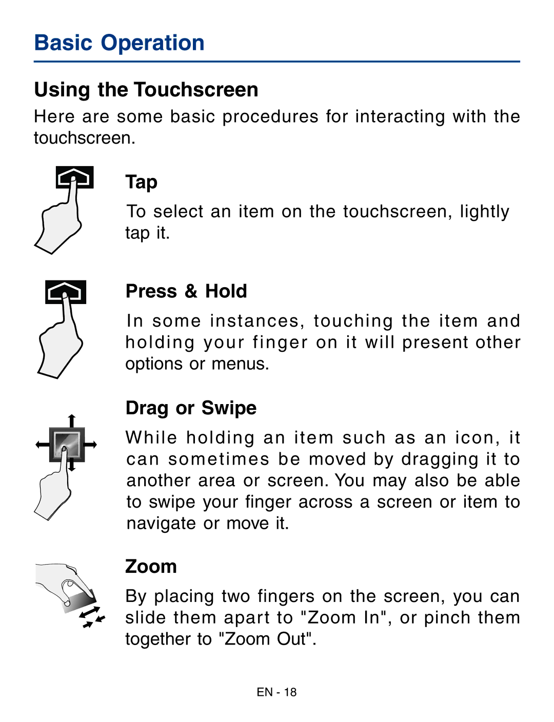 RCA RCT6773W22 user manual Basic Operation, Using the Touchscreen 