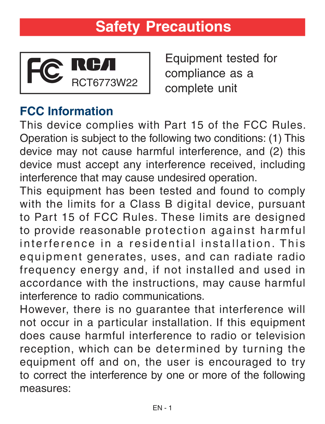 RCA RCT6773W22 user manual Safety Precautions, FCC Information 