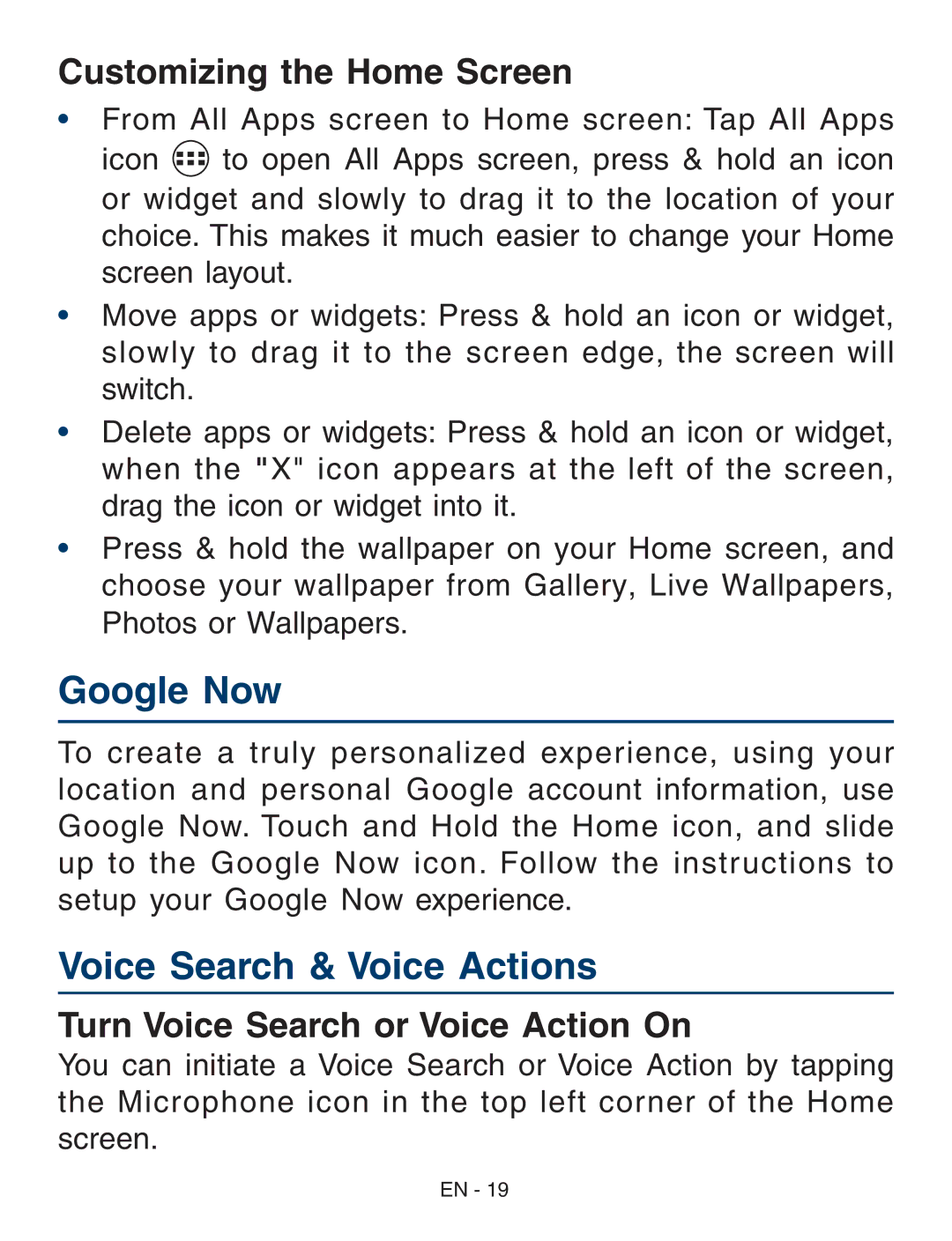 RCA RCT6773W22 Google Now, Voice Search & Voice Actions, Customizing the Home Screen, Turn Voice Search or Voice Action On 