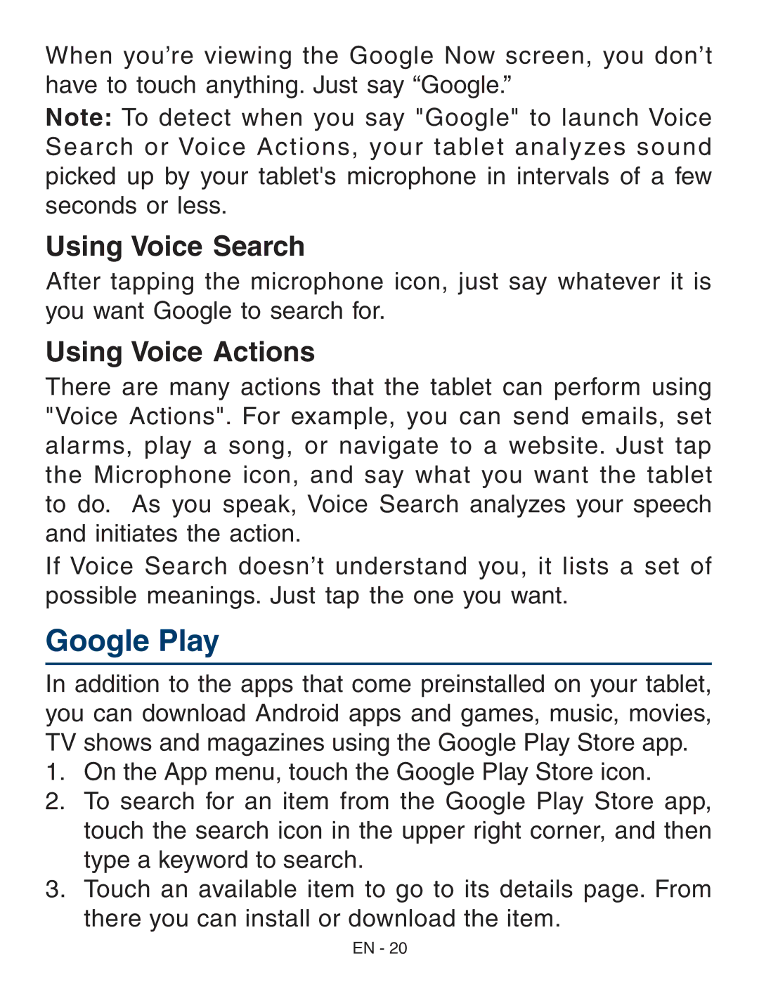 RCA RCT6773W22 user manual Google Play, Using Voice Search, Using Voice Actions 