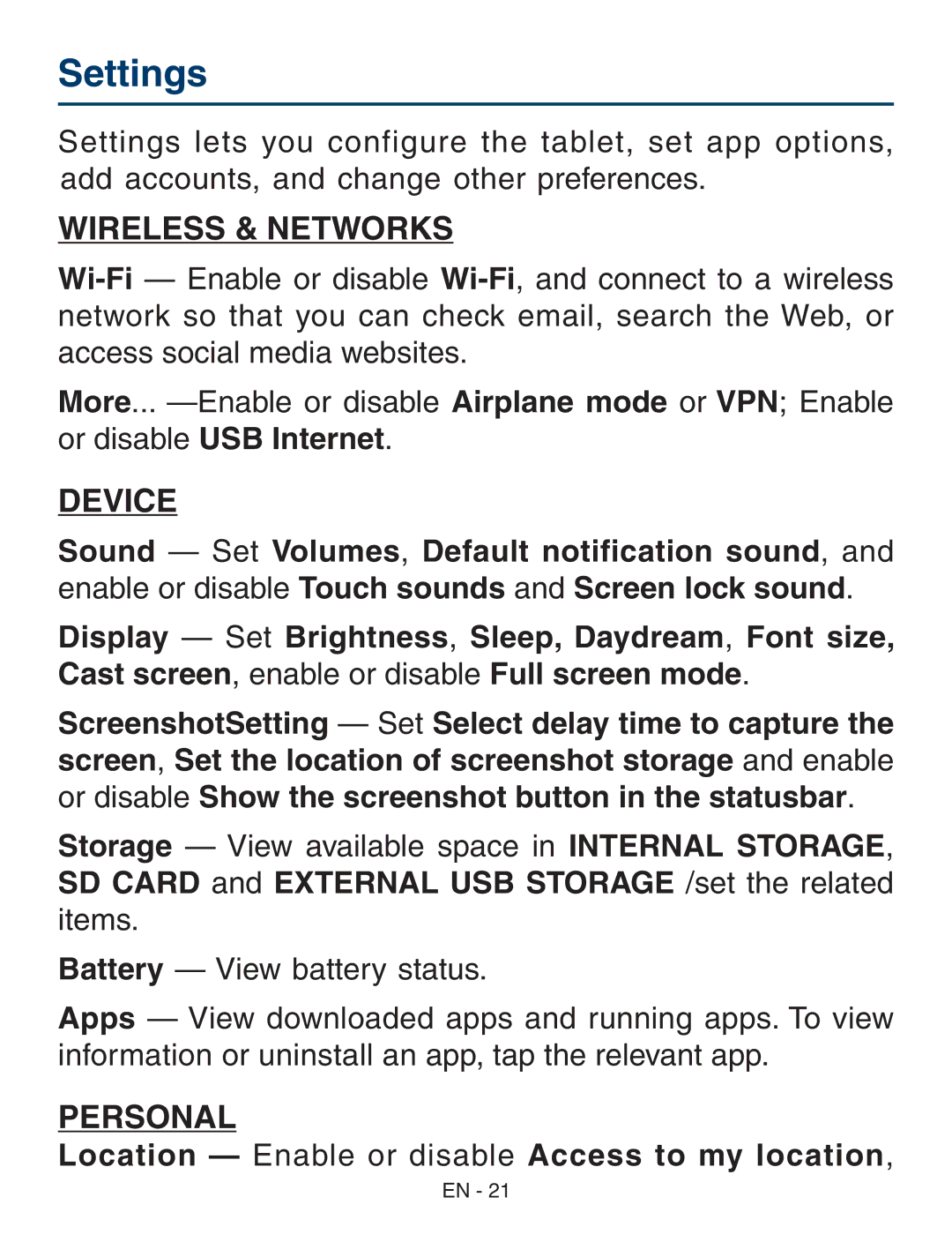 RCA RCT6773W22 user manual Settings, Location Enable or disable Access to my location 