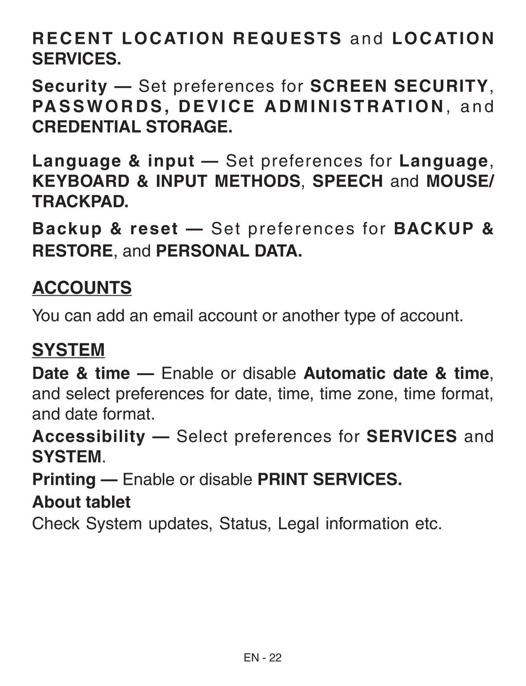 RCA RCT6773W22 user manual Recent Location Requests and Location, Printing Enable or disable Print Services About tablet 