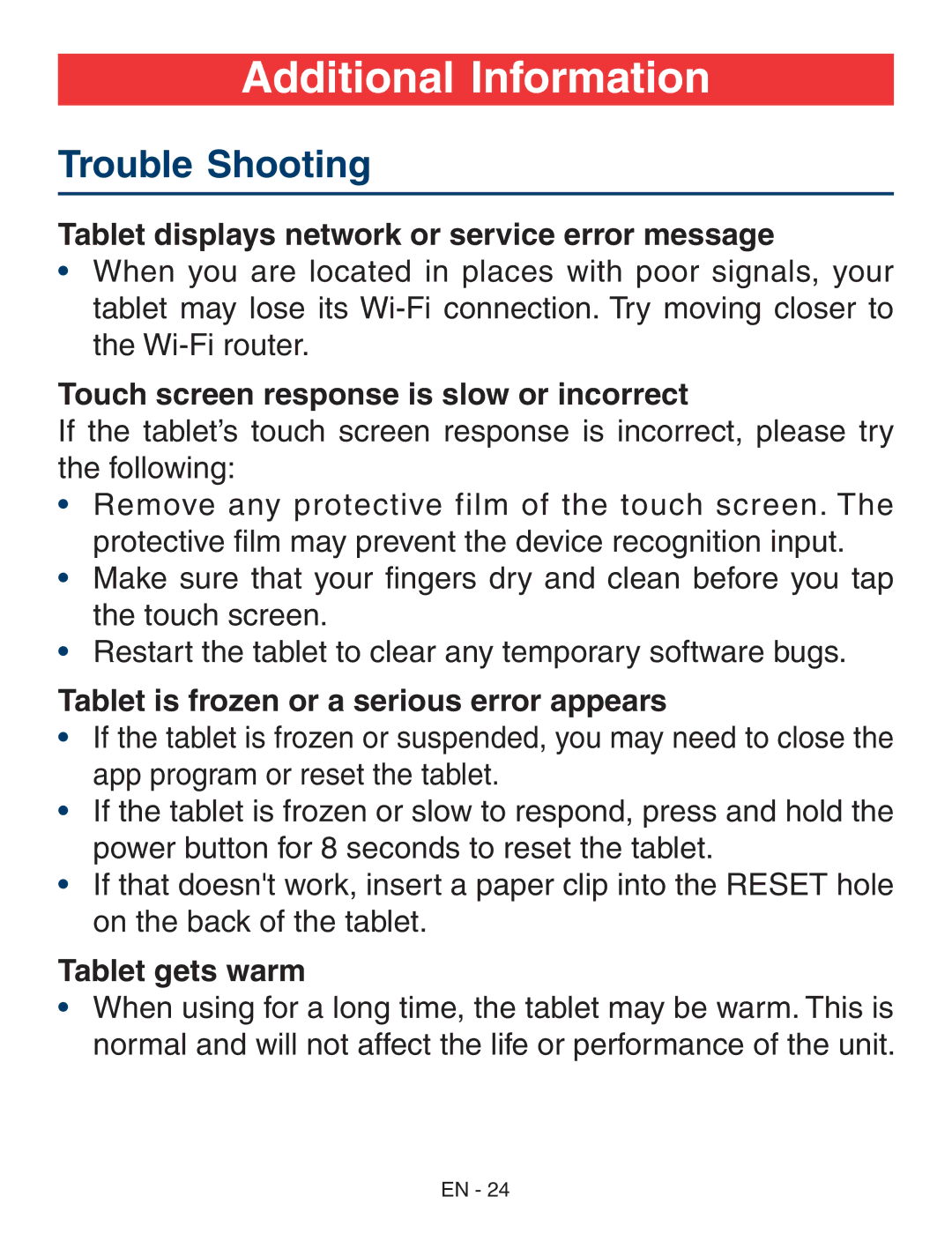 RCA RCT6773W22 user manual Additional Information, Trouble Shooting 