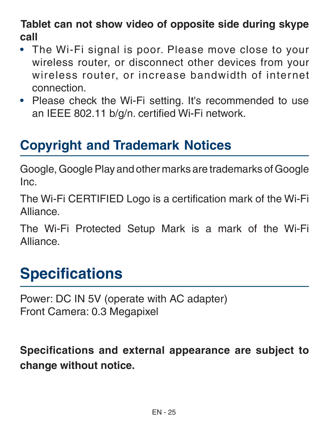 RCA RCT6773W22 user manual Copyright and Trademark Notices, Tablet can not show video of opposite side during skype call 