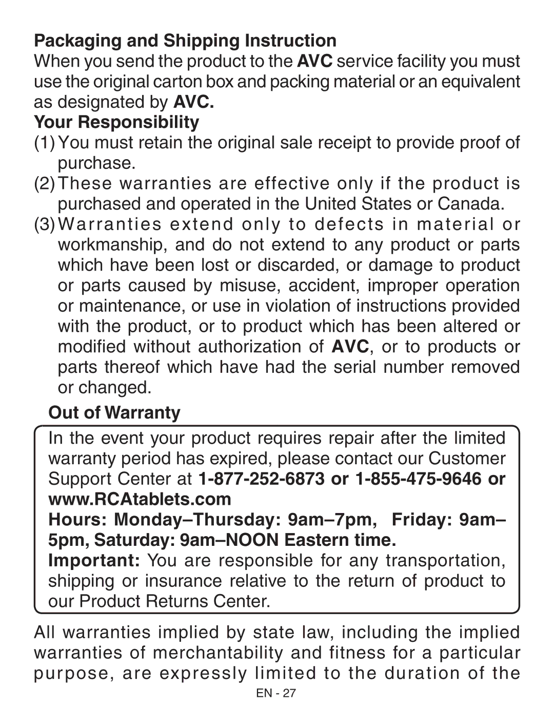 RCA RCT6773W22 user manual Packaging and Shipping Instruction, Your Responsibility 