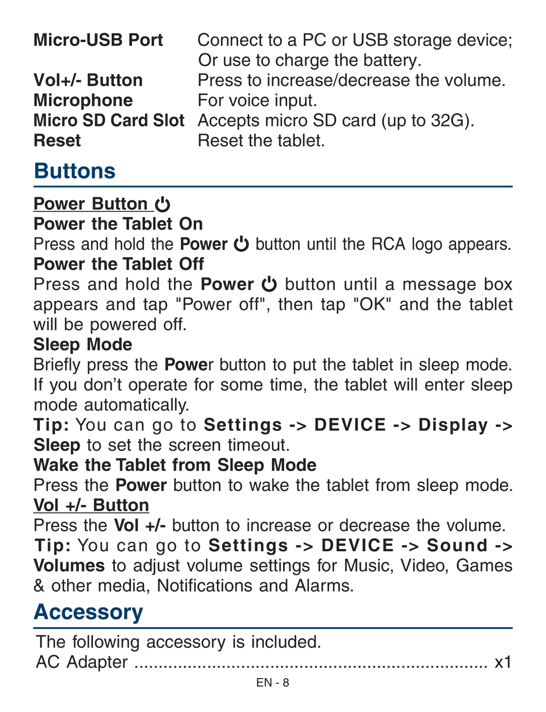 RCA RCT6773W22 user manual Buttons, Accessory 