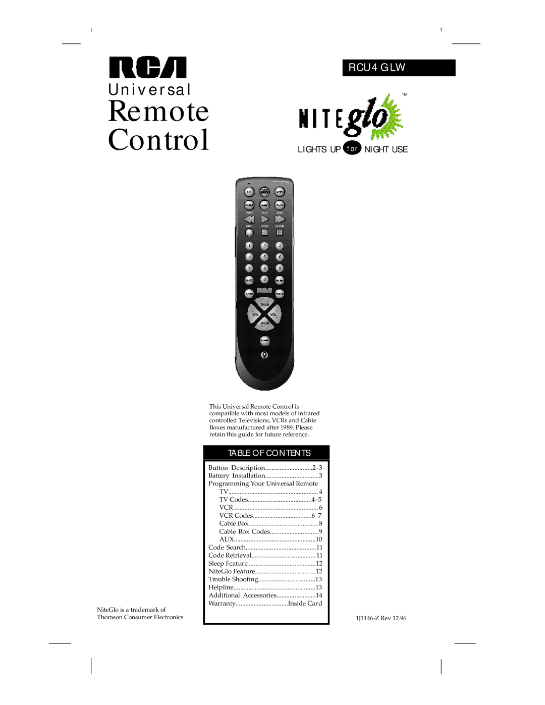 RCA RCU 4 GLW warranty Remote Control 