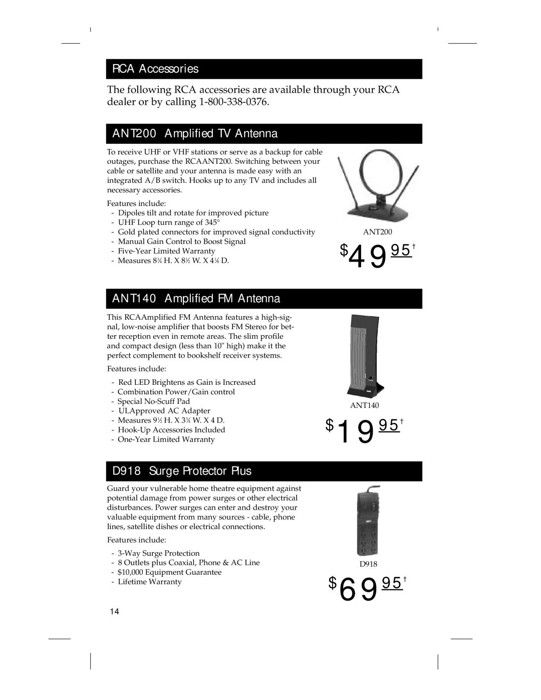 RCA RCU 4 GLW warranty RCA Accessories, ANT200 Amplified TV Antenna, ANT140 Amplified FM Antenna, D918 Surge Protector Plus 